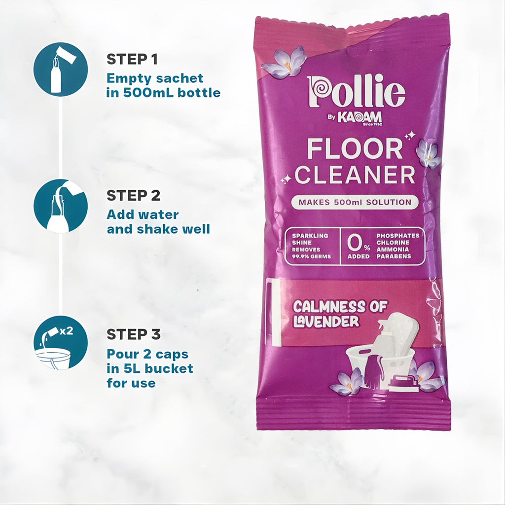 Lavender floor cleaner sachet dissolving instantly in water