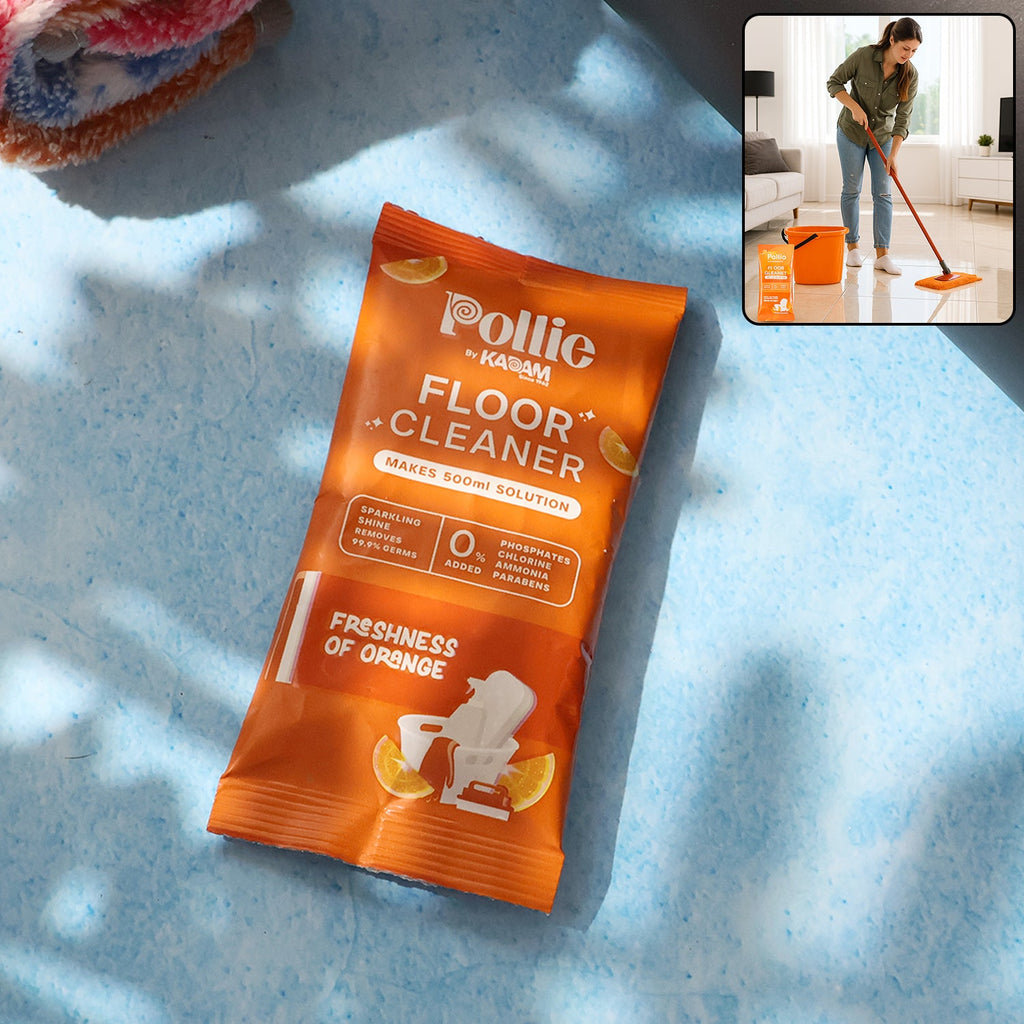 Concentrated floor cleaner sachet with orange fresh fragrance dissolving in water