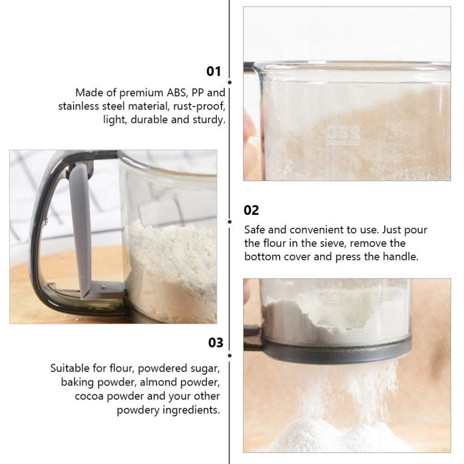 Cooking flour strainer with fine mesh for baking ingredient preparation