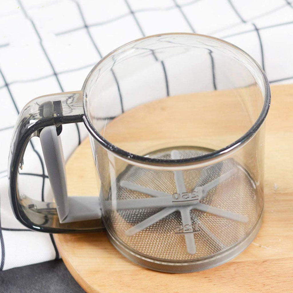 Home baking accessory plastic flour sieve cup with comfortable grip