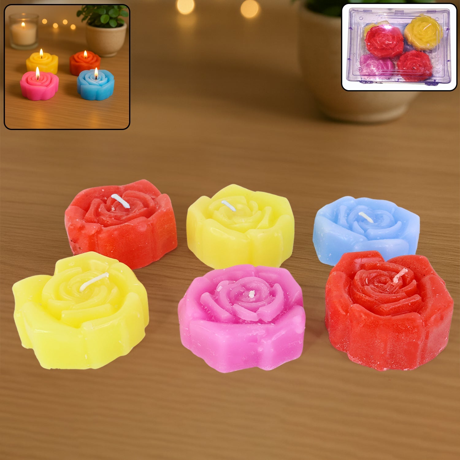 Set of six rose shaped wax candles in vibrant colors for home decoration