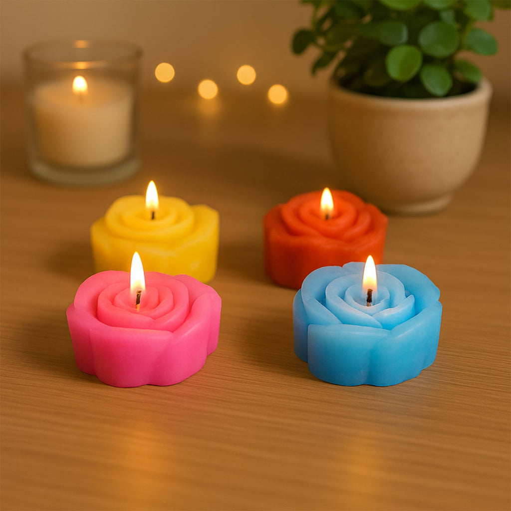 Wax candle set featuring six elegant rose designed candles in red and yellow hues