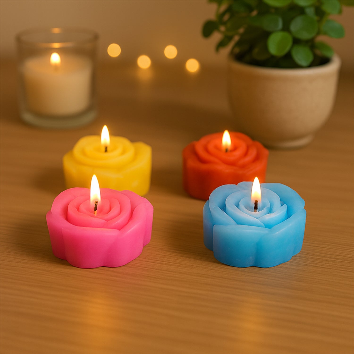 Wax candle set featuring six elegant rose designed candles in red and yellow hues