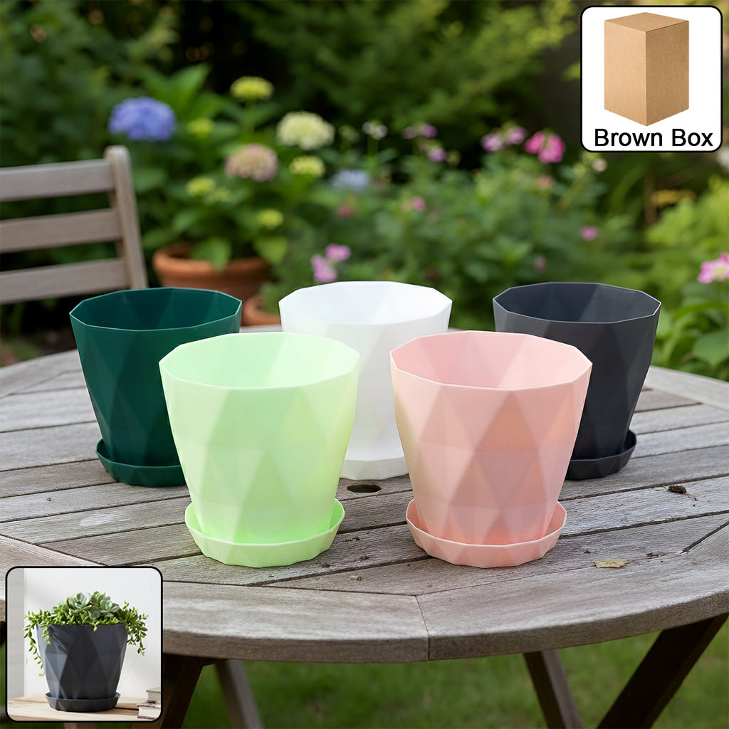 Set of diamond design plastic flower pots with drain trays for indoor gardening