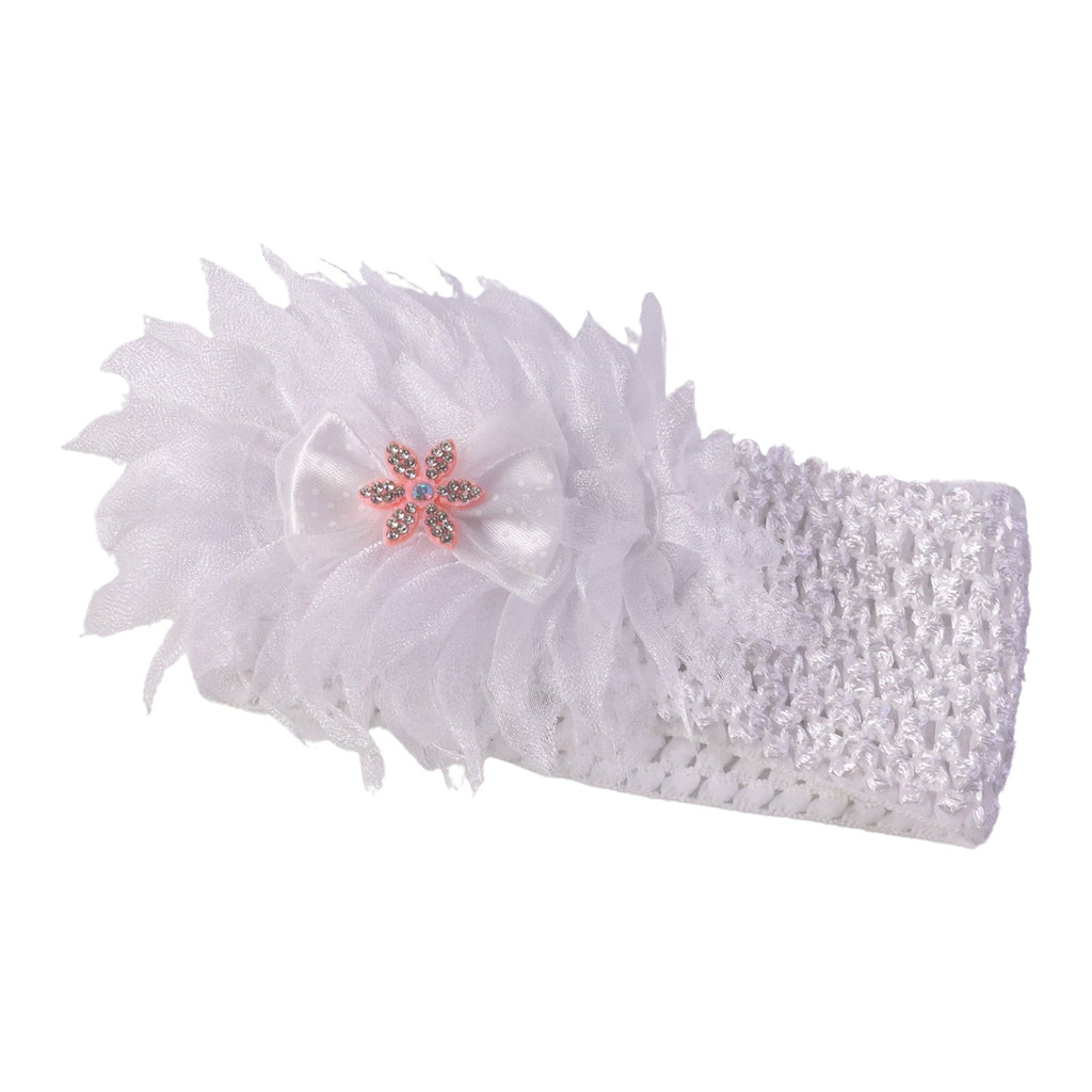 Baby headband displayed, highlighting lightweight and stretchable fabric