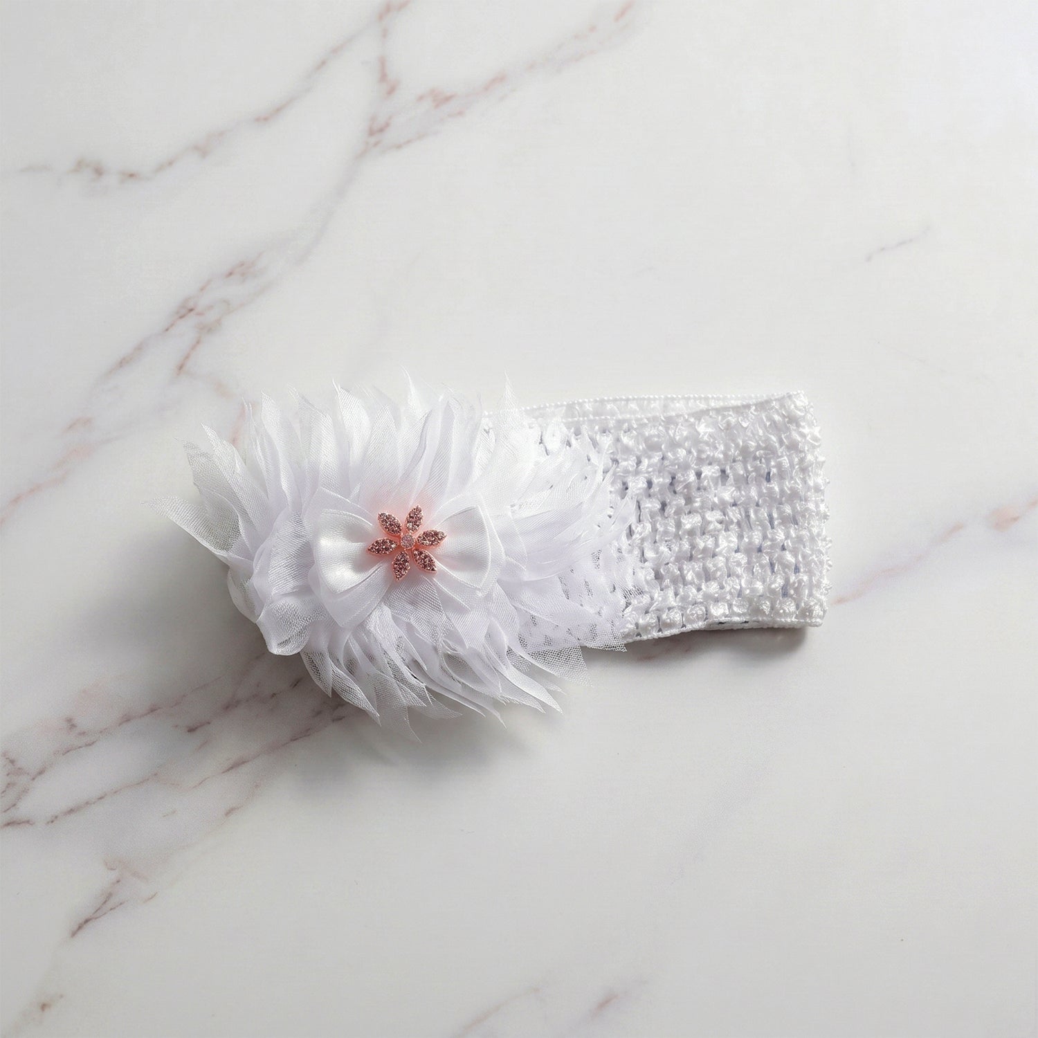 Floral baby headband displayed on a white background, highlighting soft elastic material and floral bow