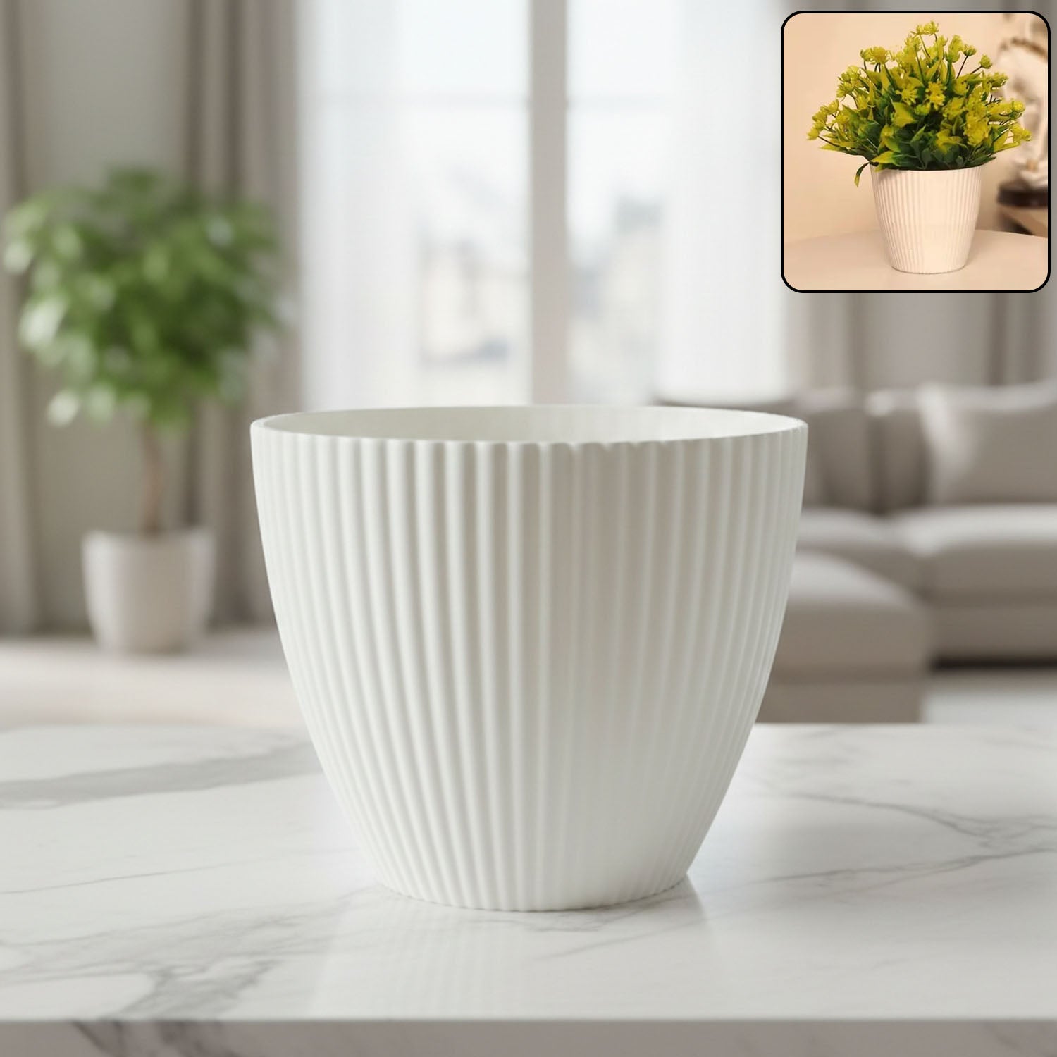 White ribbed flower pot with wide mouth indoor planter