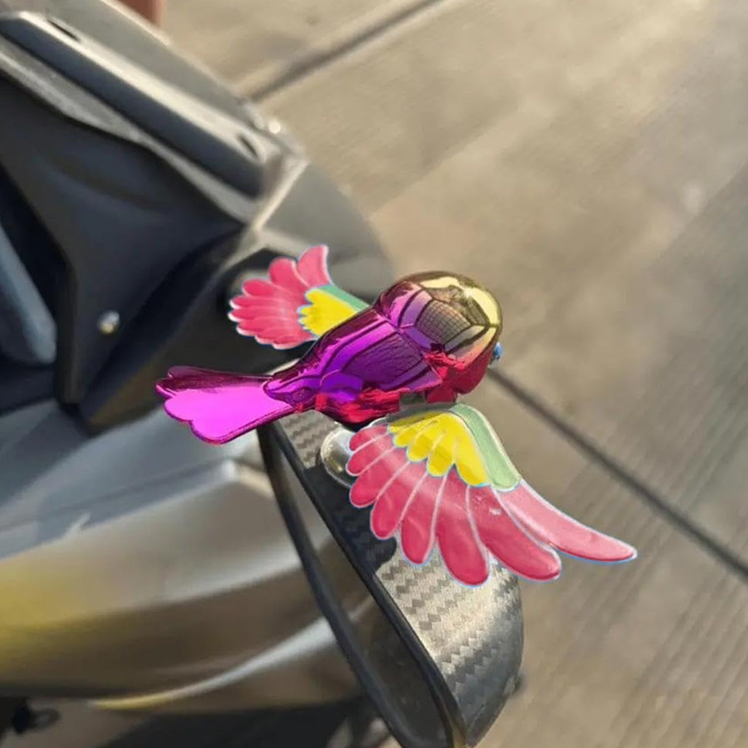 Car interior featuring decorative flying bird dashboard ornament