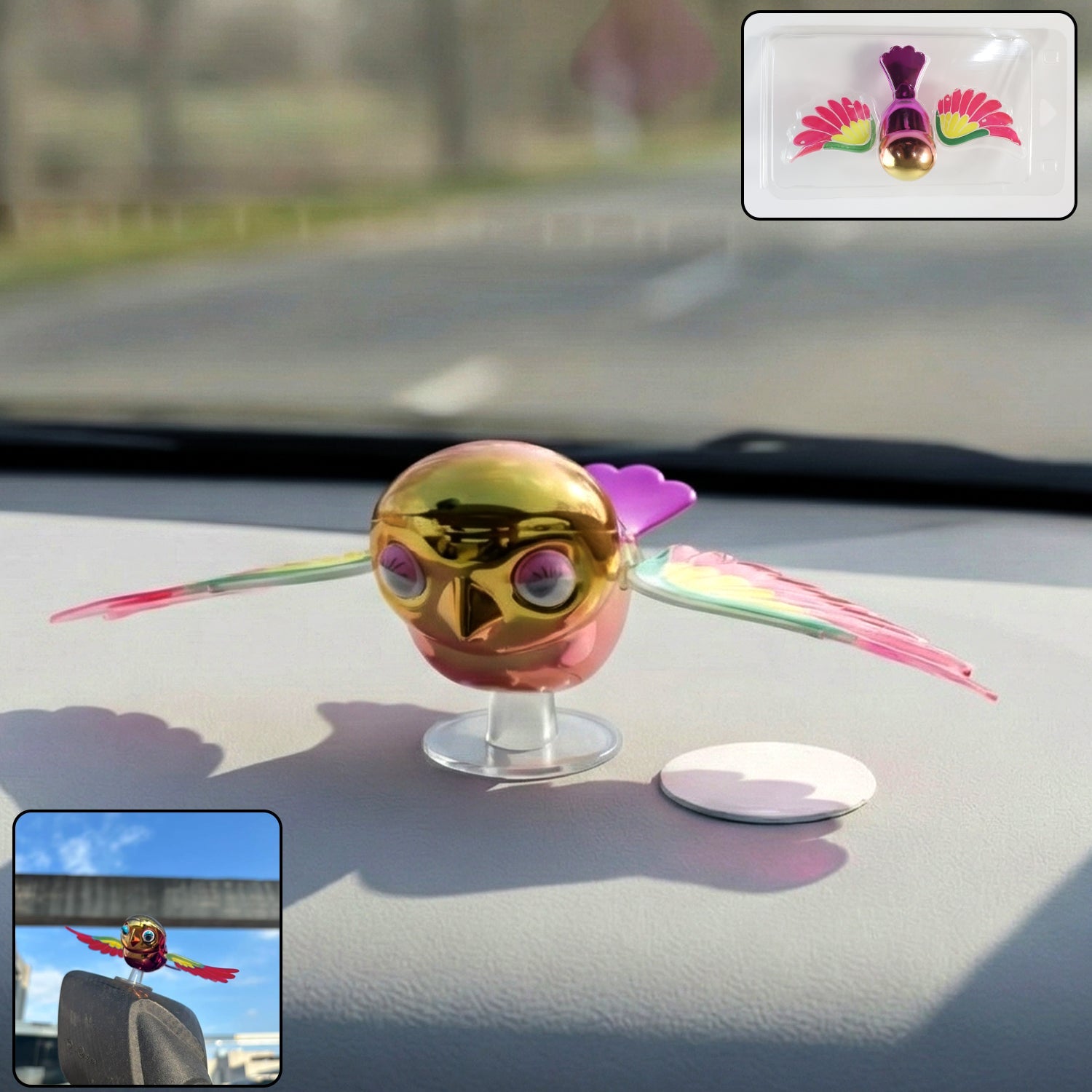 Wind Flying Bird dashboard decoration placed on car dashboard showing wing motion