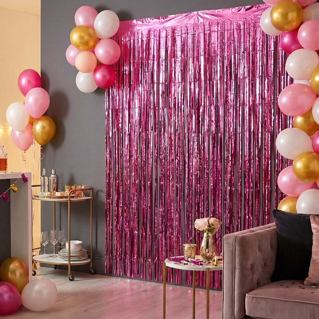 Foil fringe curtain enhancing festive atmosphere at a home party.