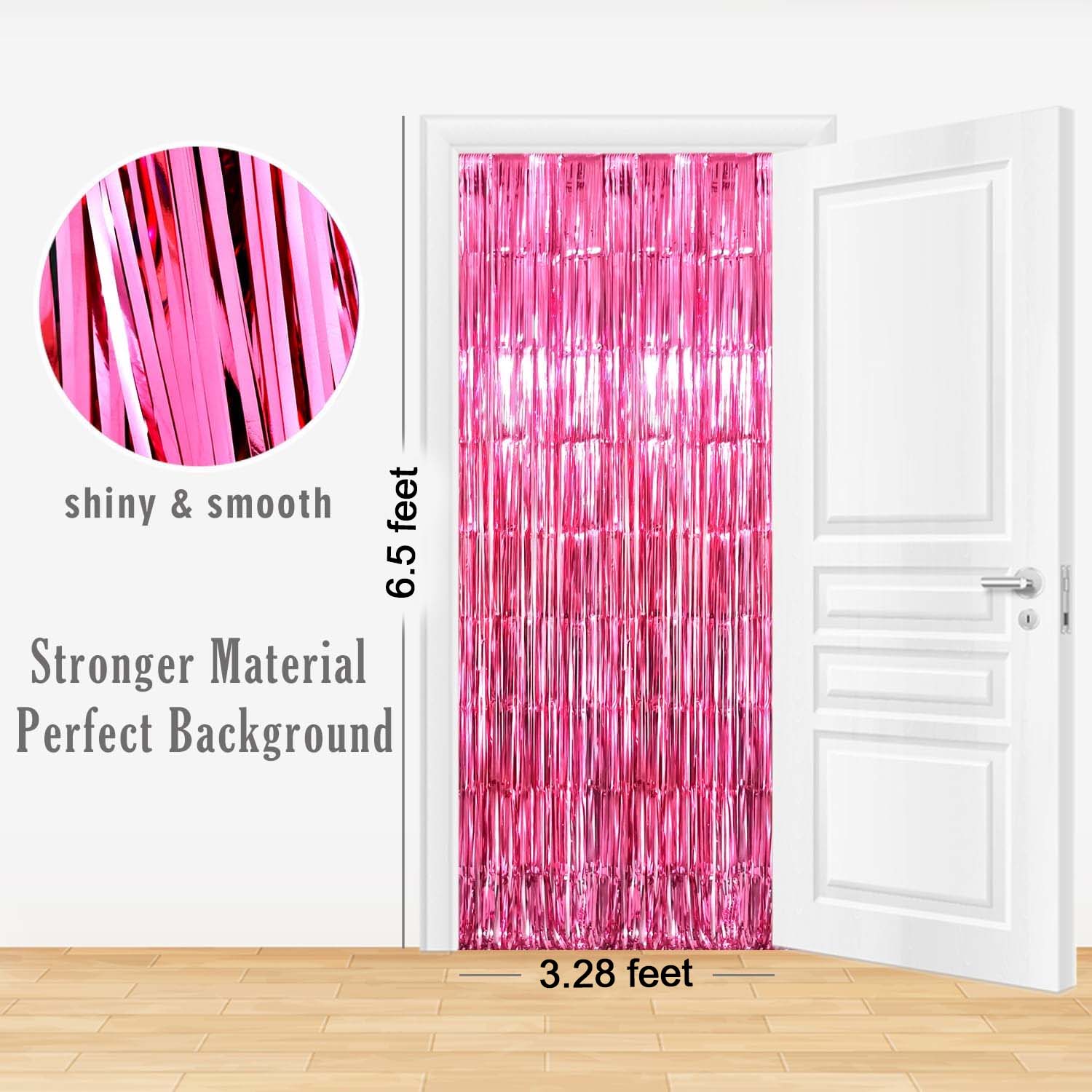 Foil fringe curtain with size overlay highlighting its dimensions for event decoration.