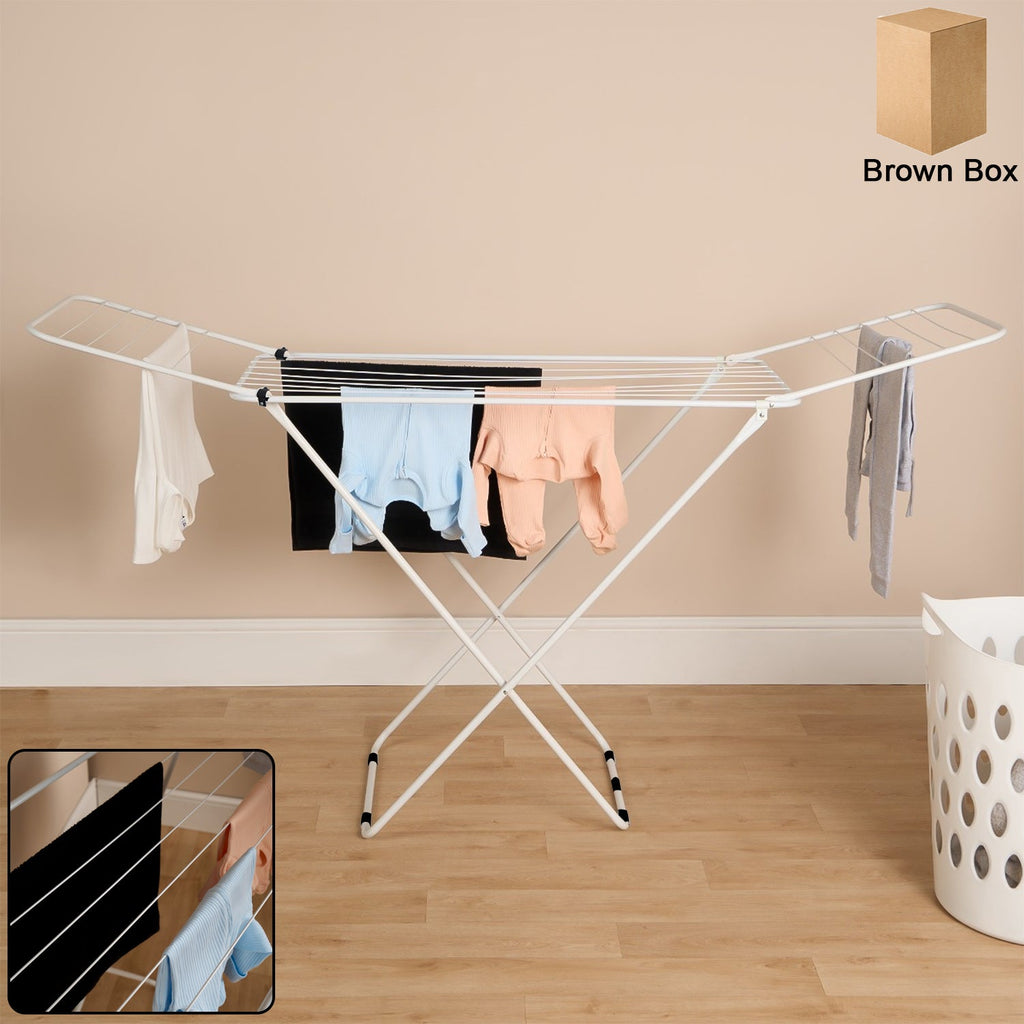 Foldable butterfly clothes drying stand with wide wings in use