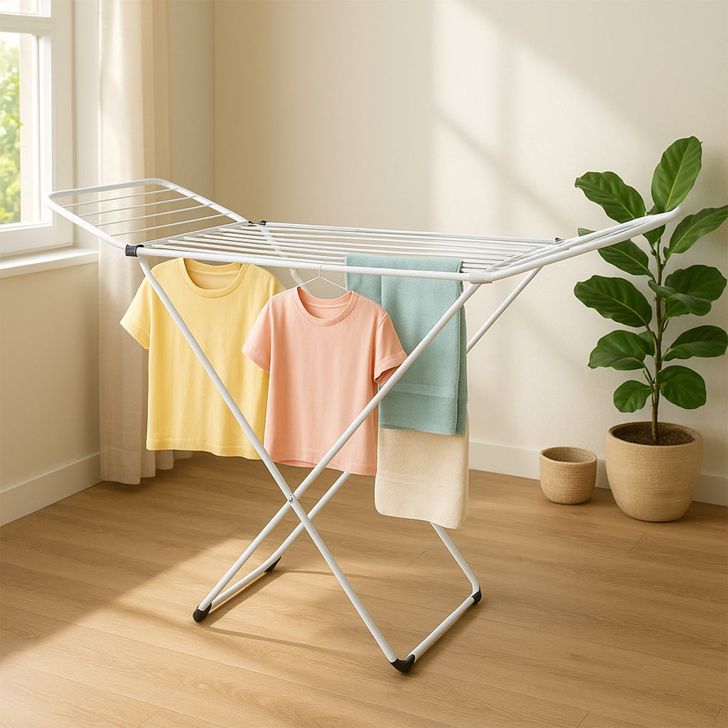 Wide-wing clothes drying stand with anti-slip protective foot caps