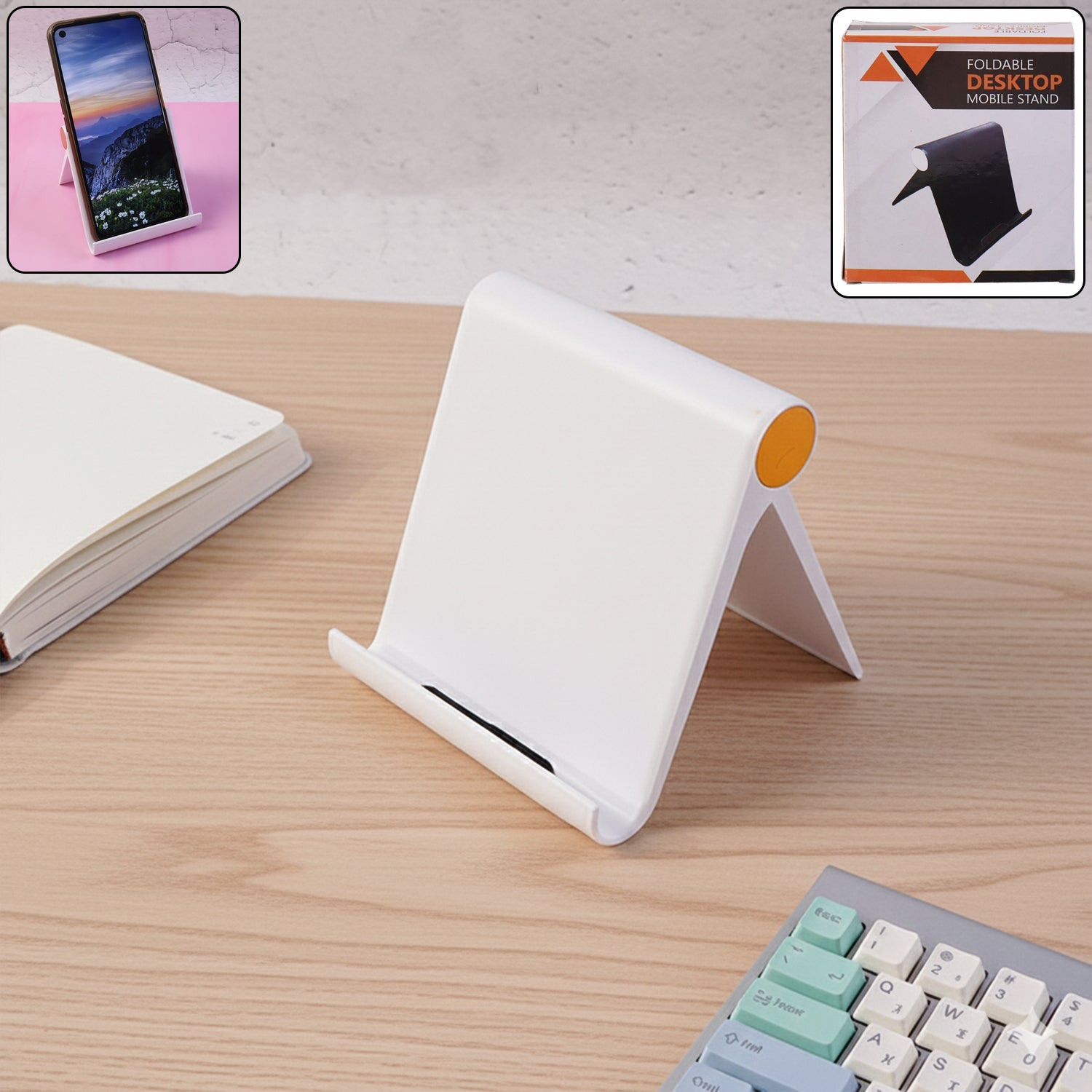 Foldable plastic desktop mobile stand placed on flat surface for hands-free use