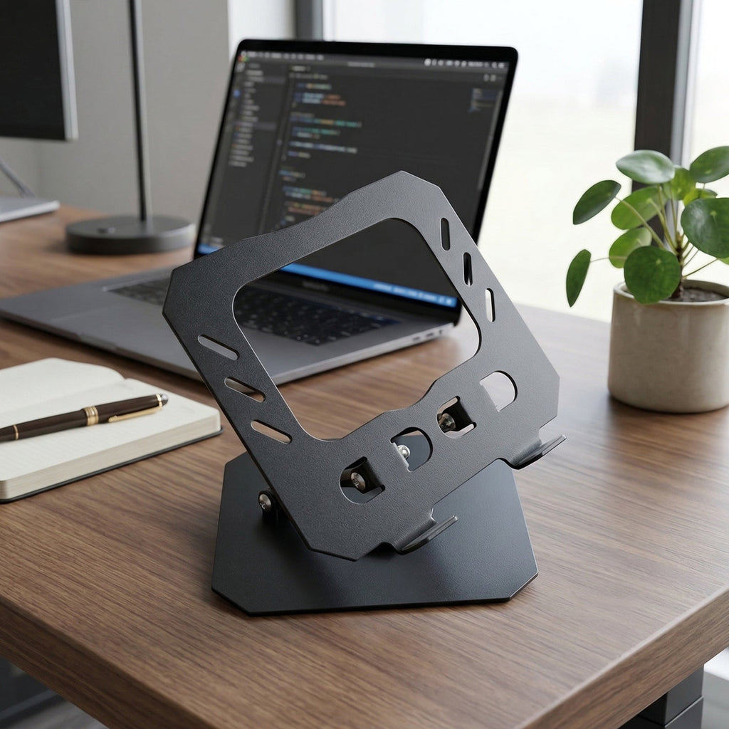Angled view of foldable metal tablet stand