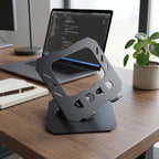 Angled view of foldable metal tablet stand