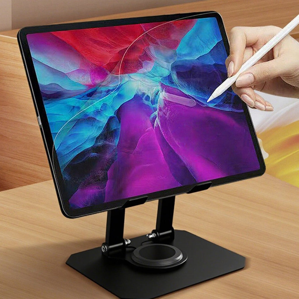 Metal tablet stand supporting a tablet in multiple angles