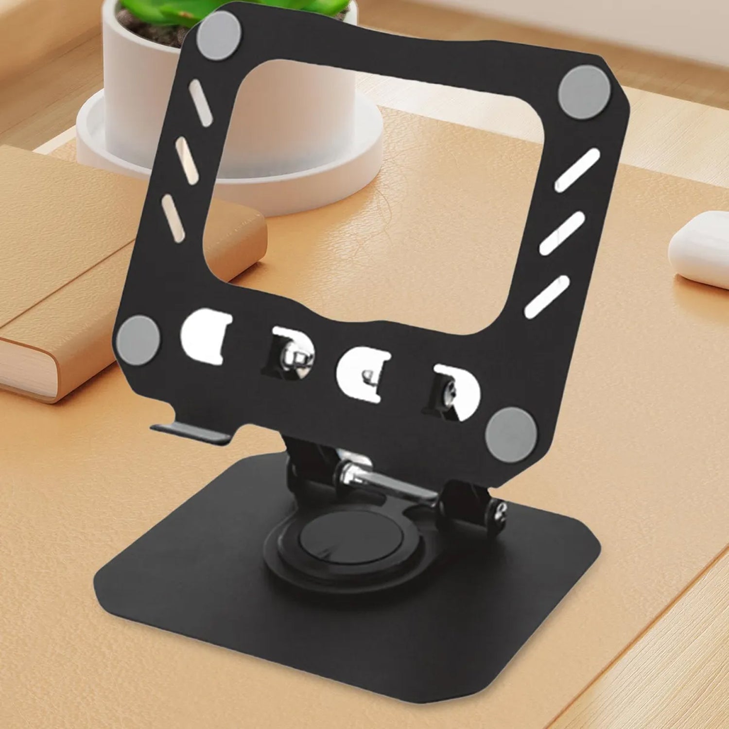 Side view of the foldable metal tablet stand