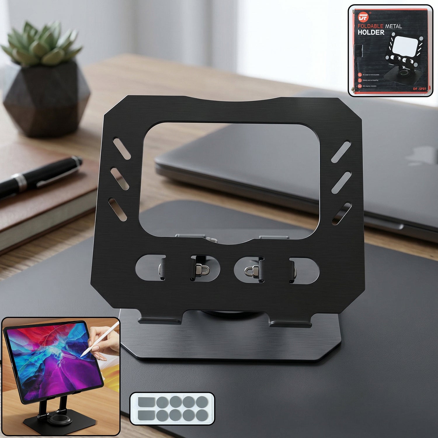Foldable adjustable metal tablet stand on desktop