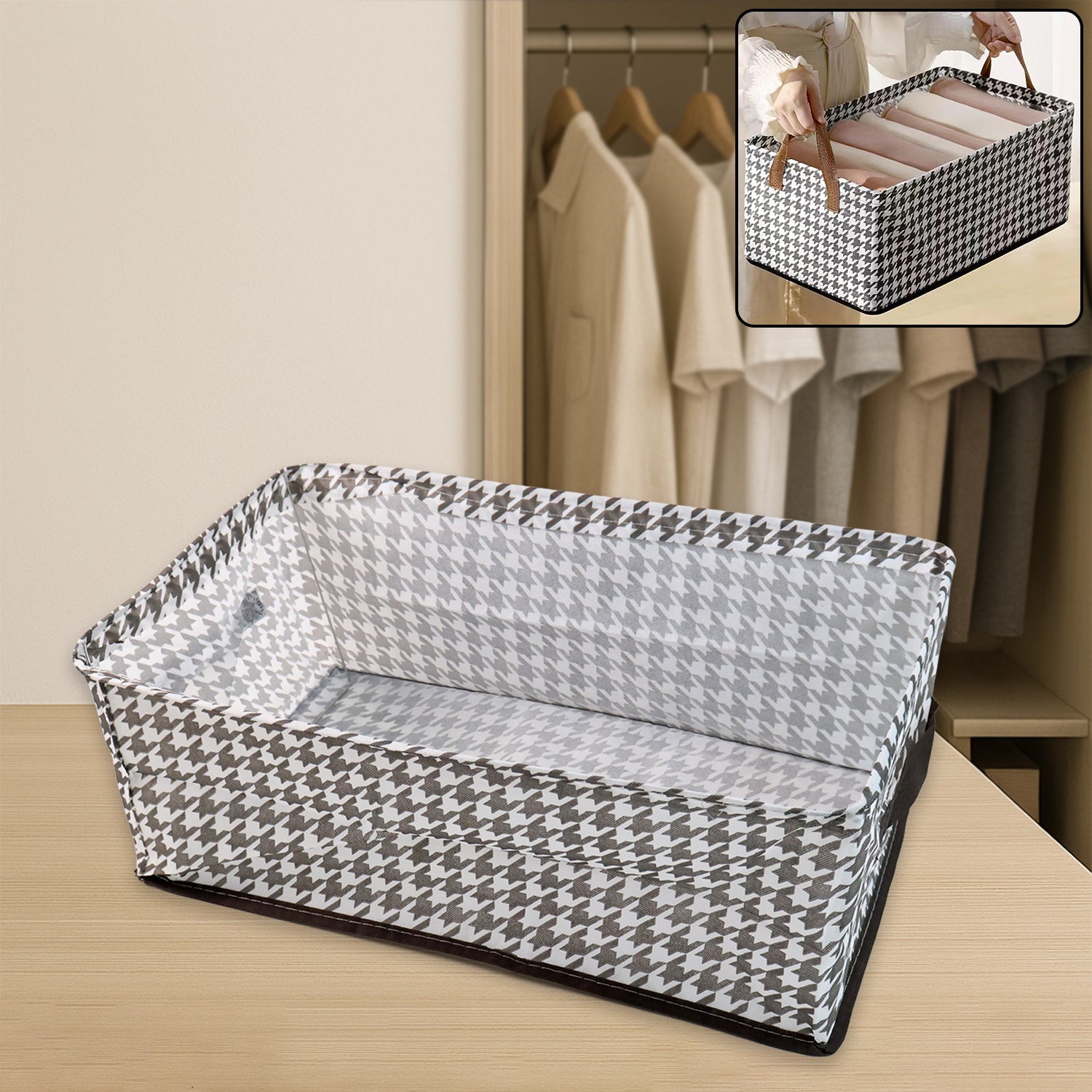 A foldable canvas storage basket, 42x28cm, shown open and ready for use in a clean home setting.