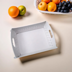 Illustrated diagram detailing the simple folding mechanism of this versatile serving tray.
