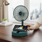 Side view of USB adjustable speed folding fan with phone holder