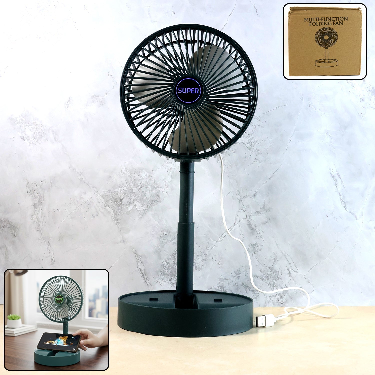 Compact USB folding desk fan with adjustable speed on table