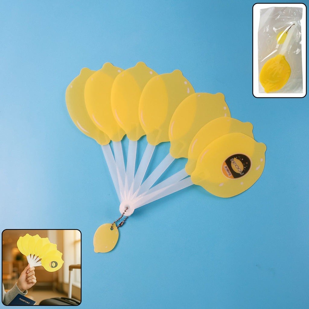 Foldable lemon-shape hand fan showing compact and open views