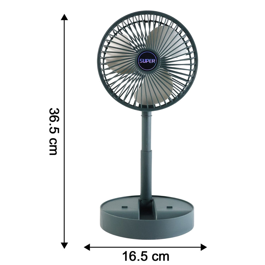 Compact foldable USB desk fan showing size comparison