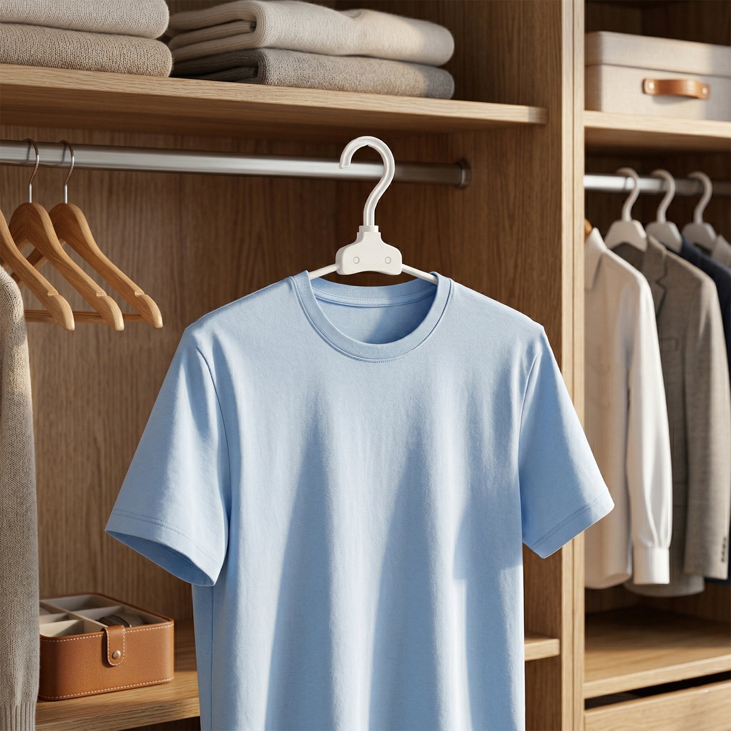 Hanging rack with foldable plastic hanger for compact closet space
