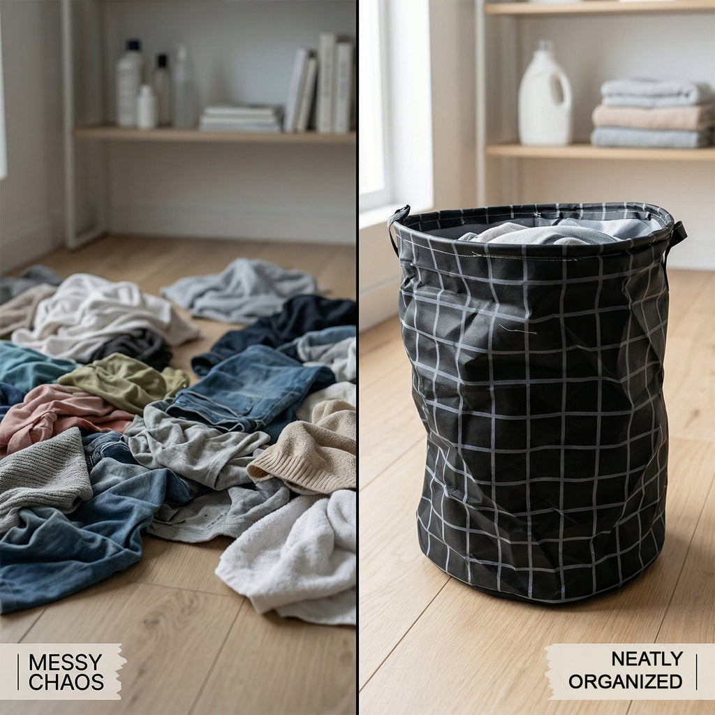 Side view of foldable laundry basket showing sleek design