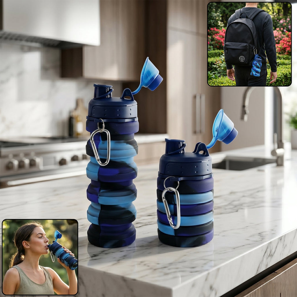 Collapsible silicone water bottle expanded showing 500ml capacity with colorful design