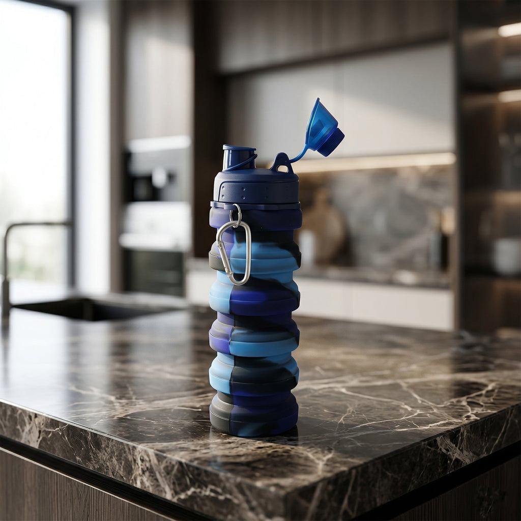 Side view of expanded colorful collapsible silicone water bottle