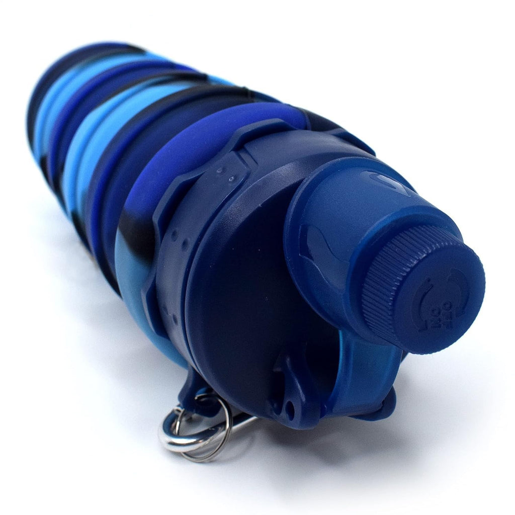 Close-up of multicolor swirl pattern on collapsible silicone water bottle