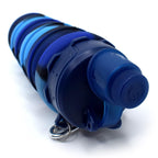 Close-up of multicolor swirl pattern on collapsible silicone water bottle