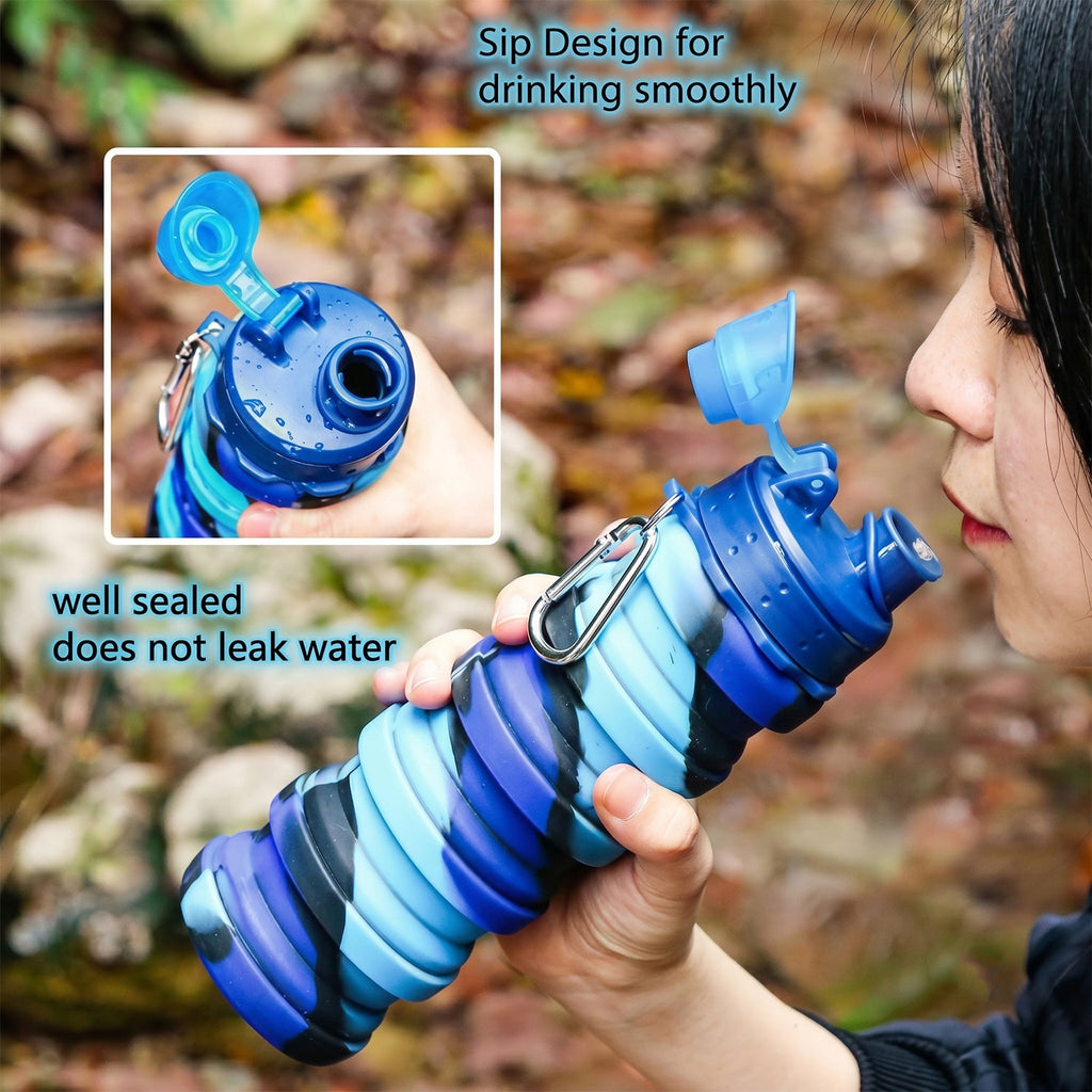 Leak-proof flip cap opened on collapsible silicone water bottle
