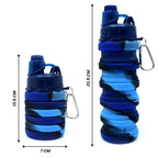 Size comparison image of collapsible silicone water bottle beside stationary items