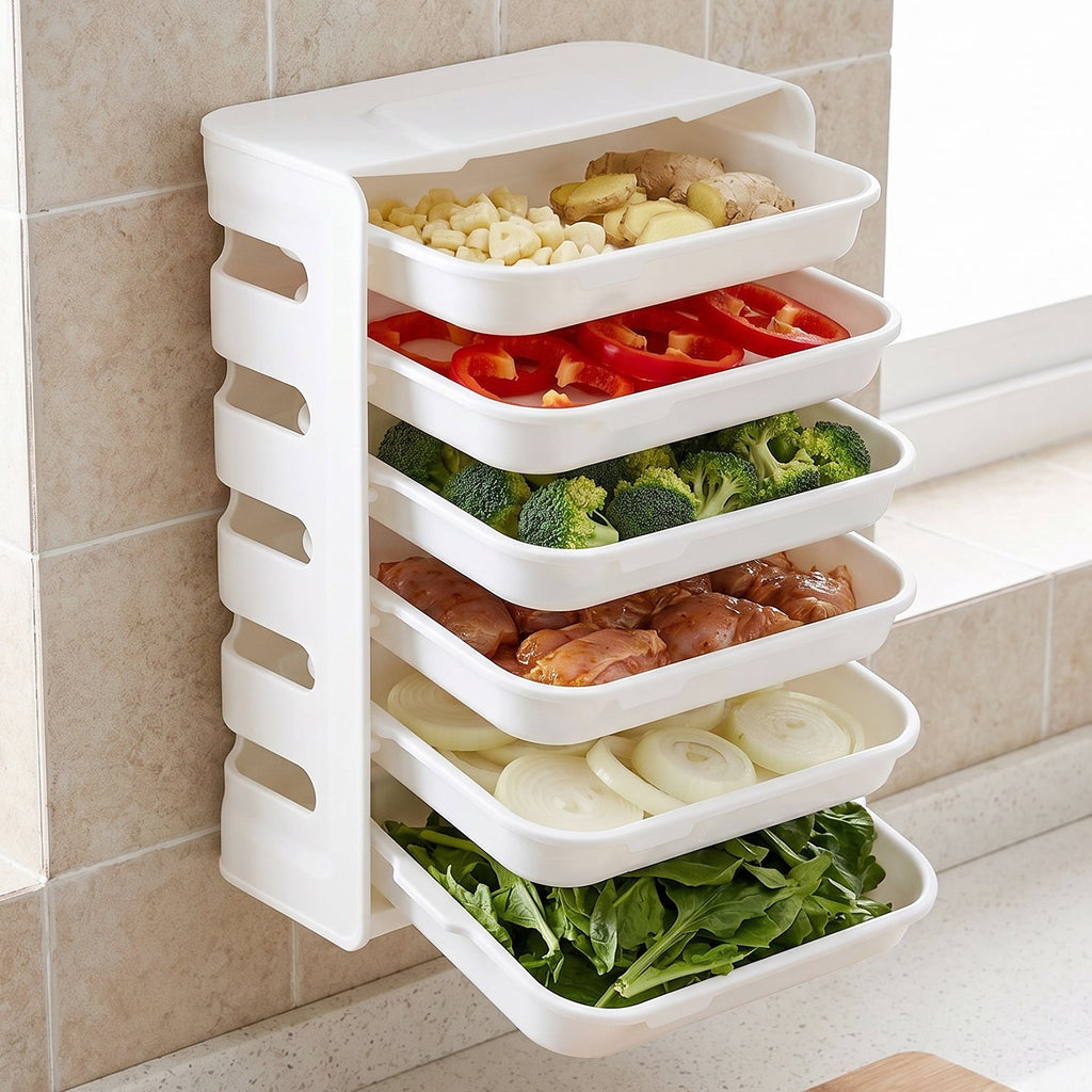 side view of 6-tier plastic food rack with ventilation holes