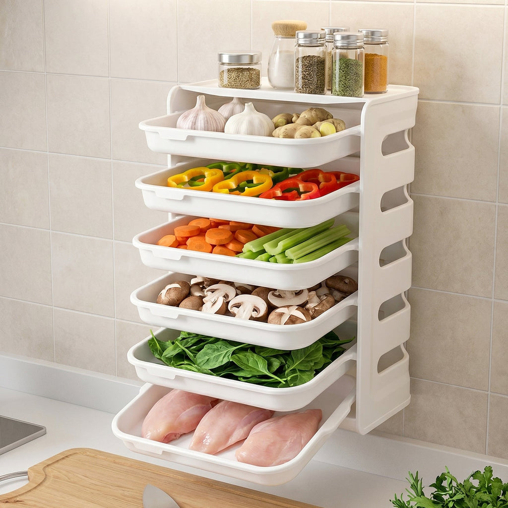 white 6-layer food storage rack mounted on wall for pantry usage