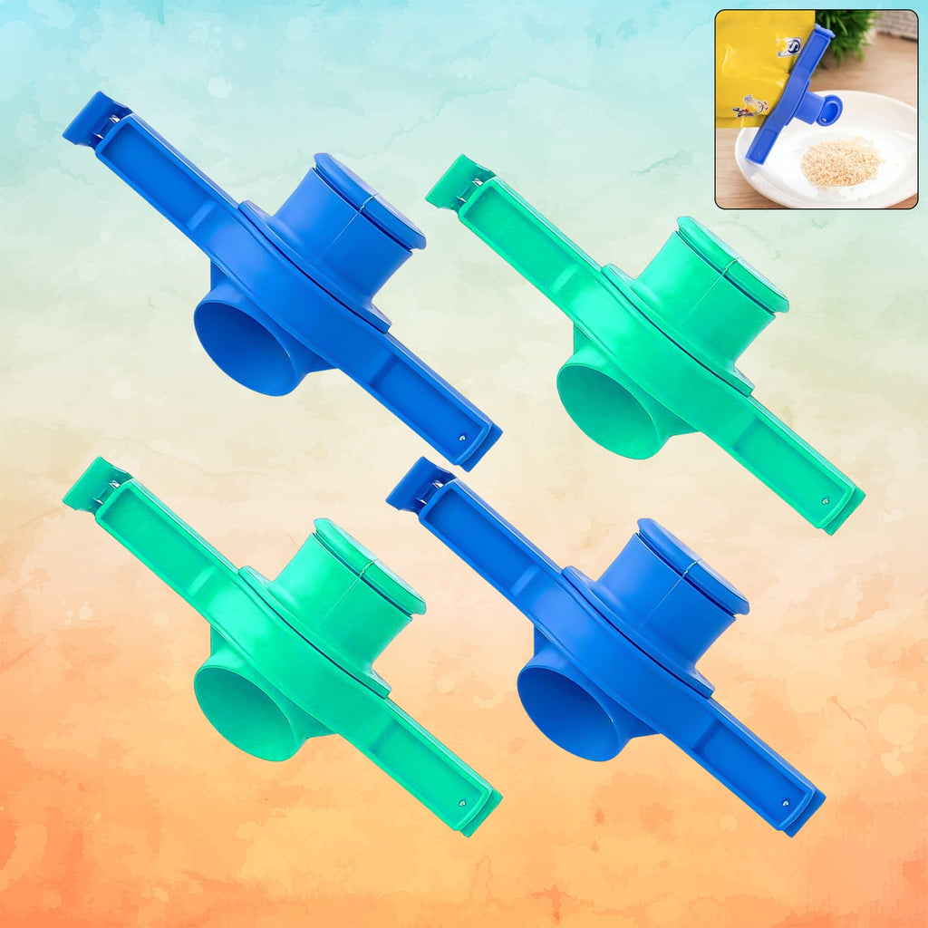 Food Pouch Sealer Clip in assorted colours attached to a plastic pouch with grains.