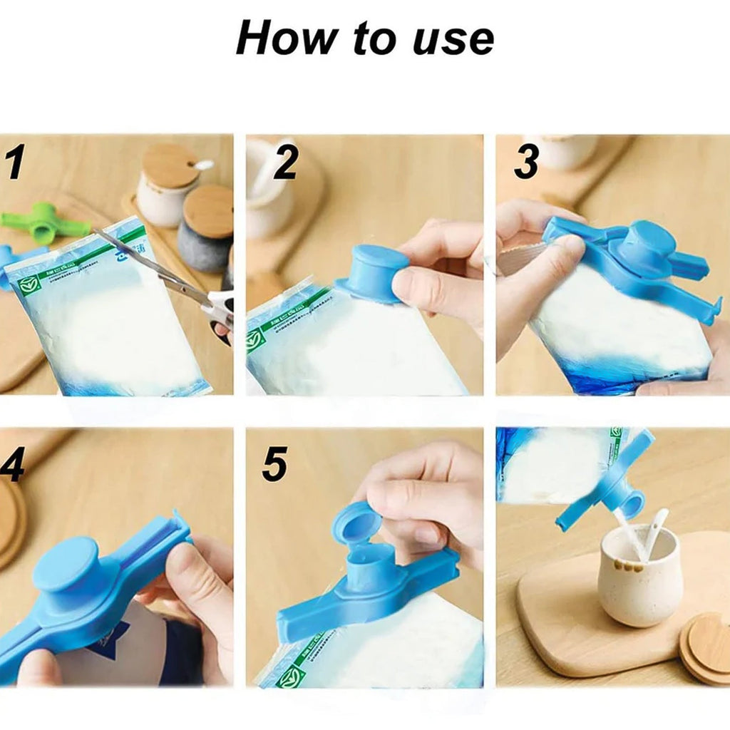 Reusable Food Pouch Sealer Clip with a hinged spout for easy pouring.