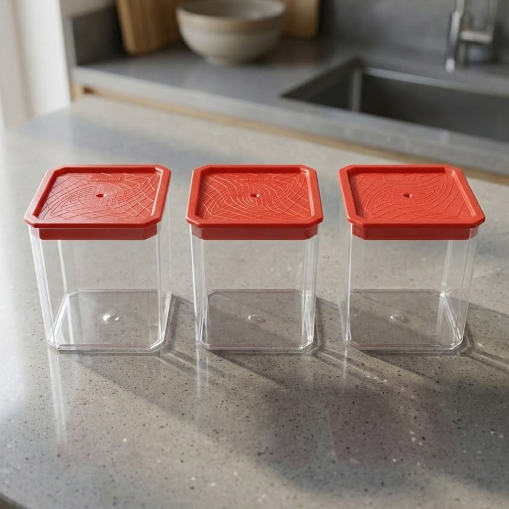 3-piece set of airtight food storage containers with clear bodies for easy content visibility
