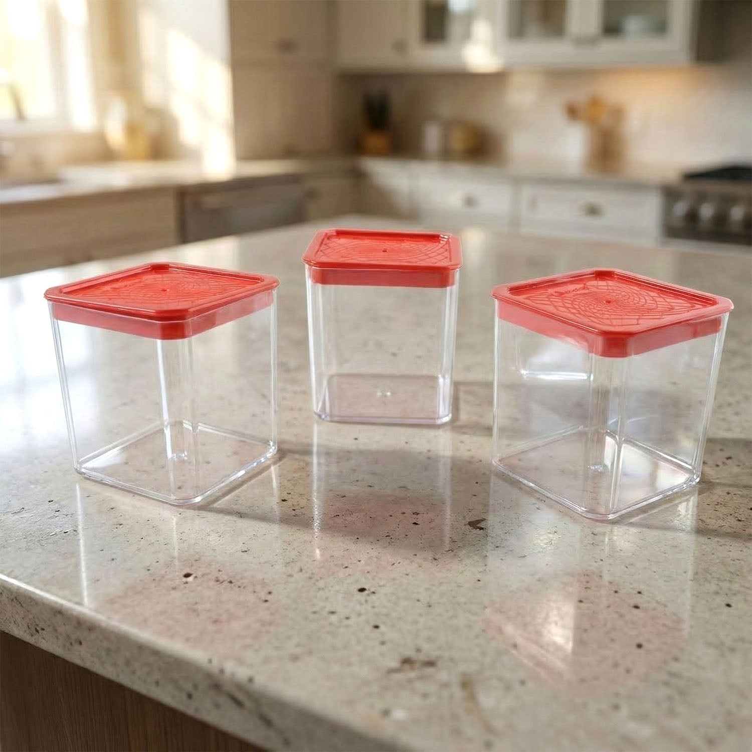 Close-up of airtight lids on three-piece food storage containers