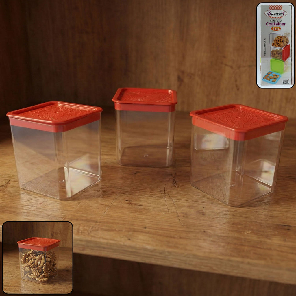Airtight food storage container set with three transparent containers and secure lids