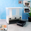 Wall-mounted 3-in-1 cereal dispenser with clear compartments, shown full of grains.