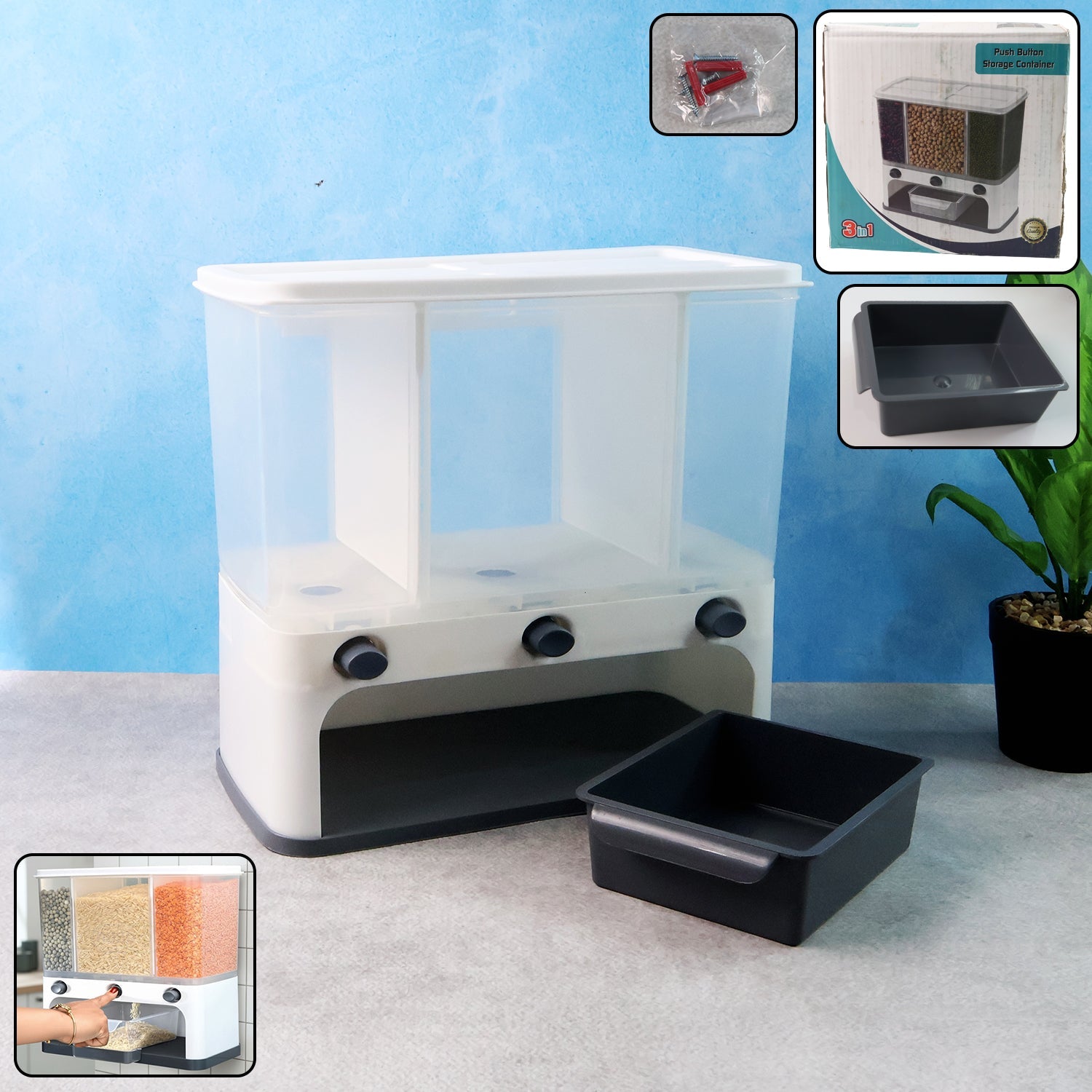 Wall-mounted 3-in-1 cereal dispenser with clear compartments, shown full of grains.