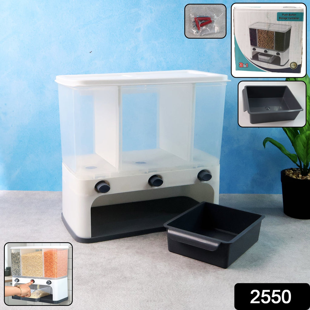Close-up of the push-button mechanism on the dry food dispenser.