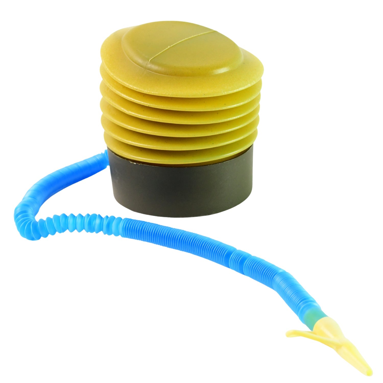 Foot air pump kit showing included hose and various nozzles for inflatables.