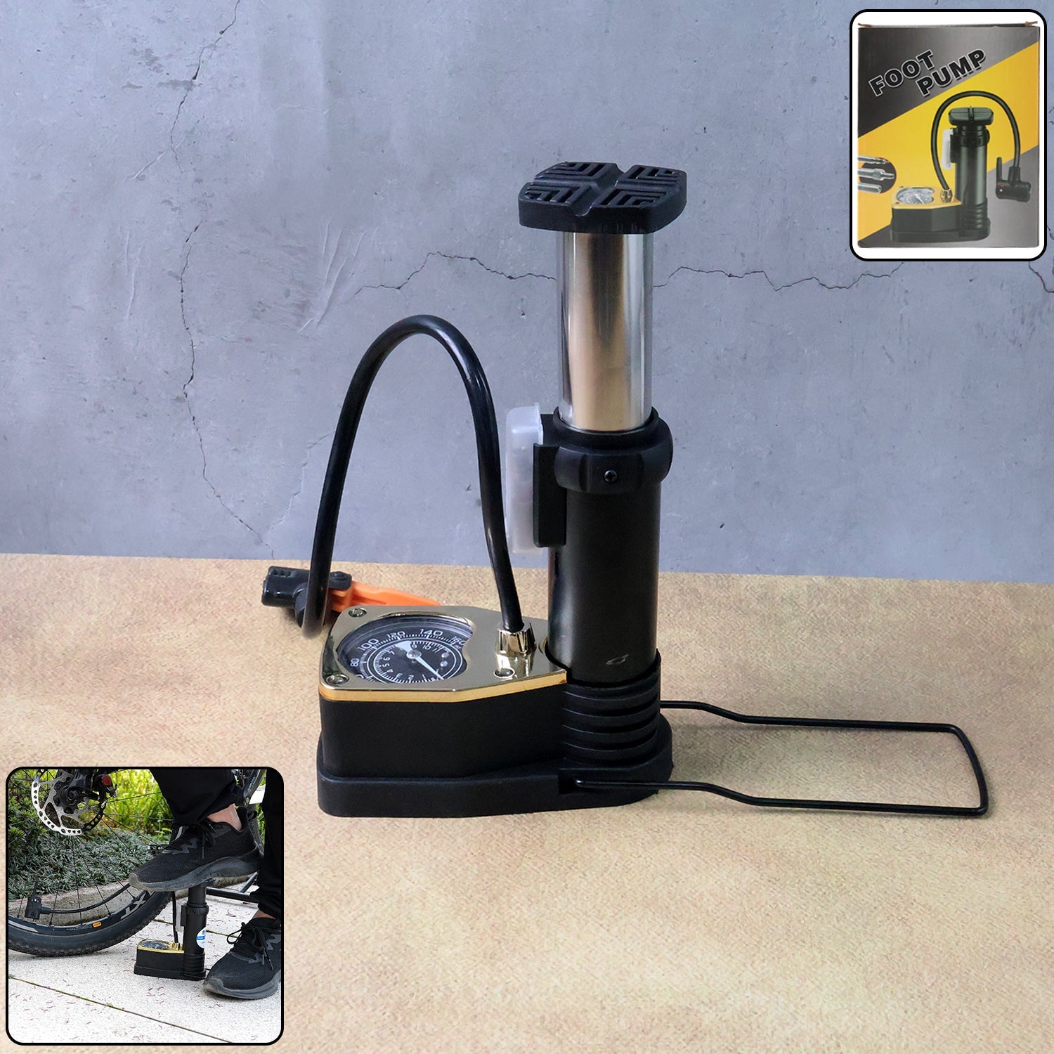 Foot Air Pump by Velvet Wheels, top view showing pressure gauge and pedal.