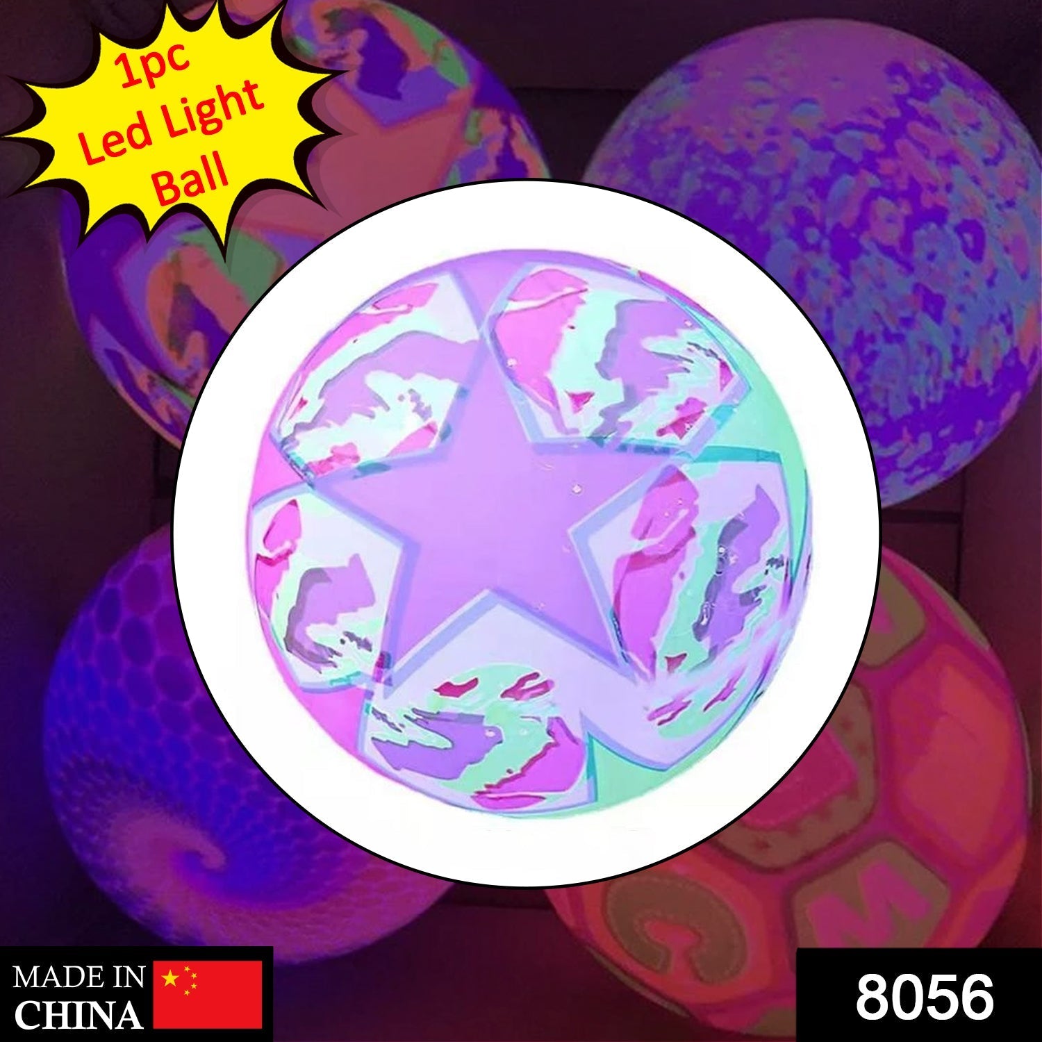 Close-up of the Bouncy LED Ball, showing its textured rubber surface and glowing lights.